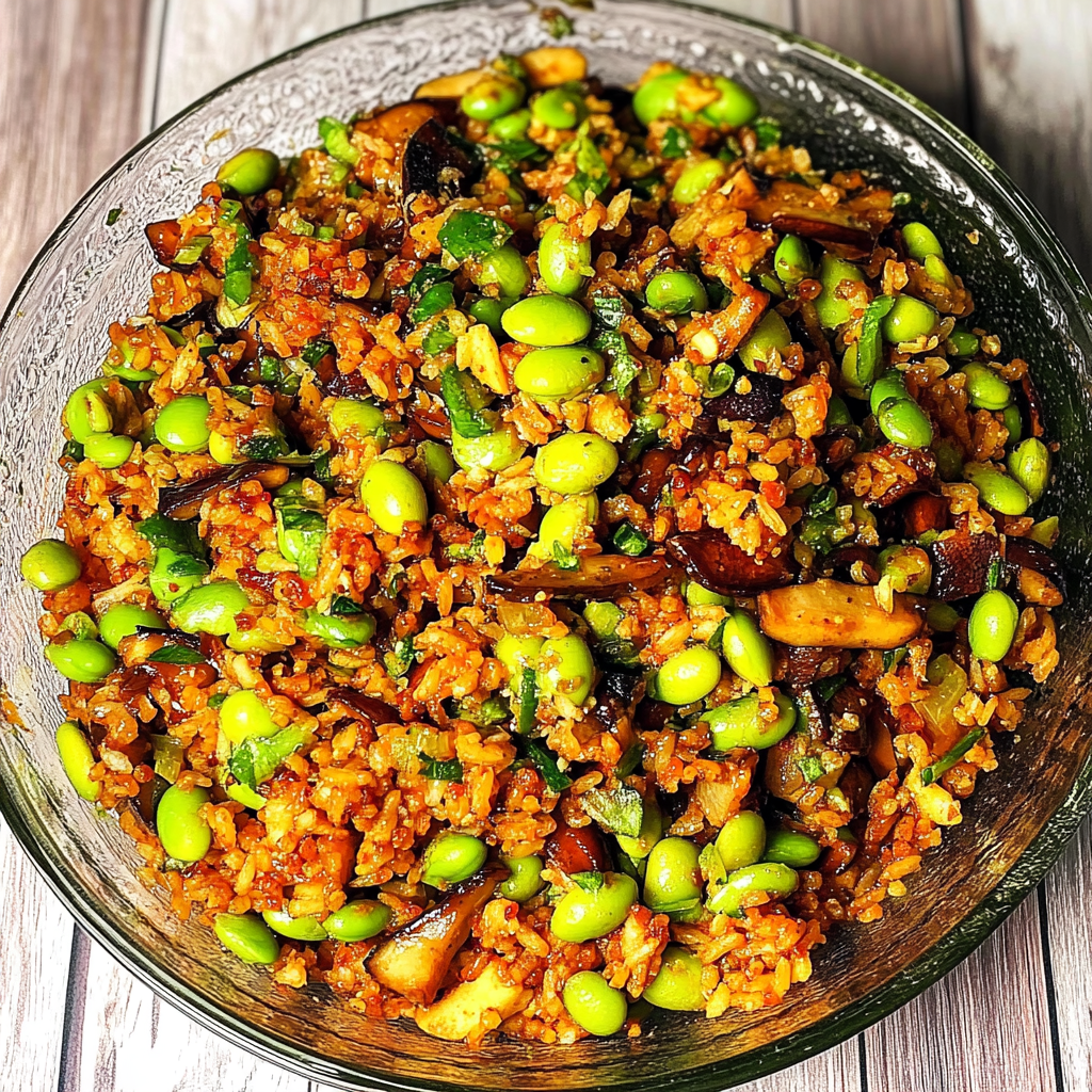 Recipe preparation for Crispy Gochujang Rice Salad with Flavorful Mushrooms and Edamame