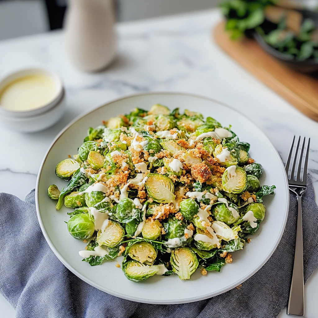 Recipe preparation for Delicious Brussels Sprout Caesar Salad with Crispy Breadcrumbs