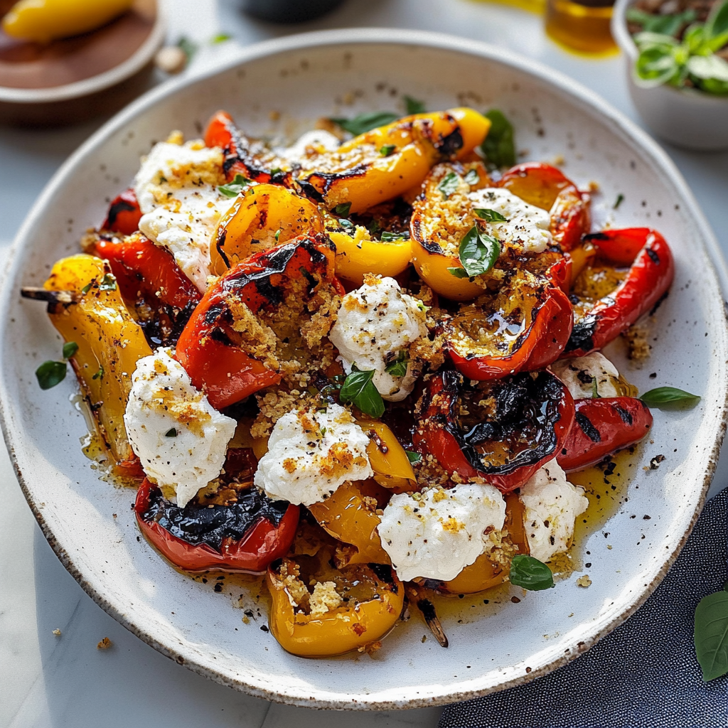 Recipe preparation for Grilled Marinated Peppers with Burrata and Breadcrumbs