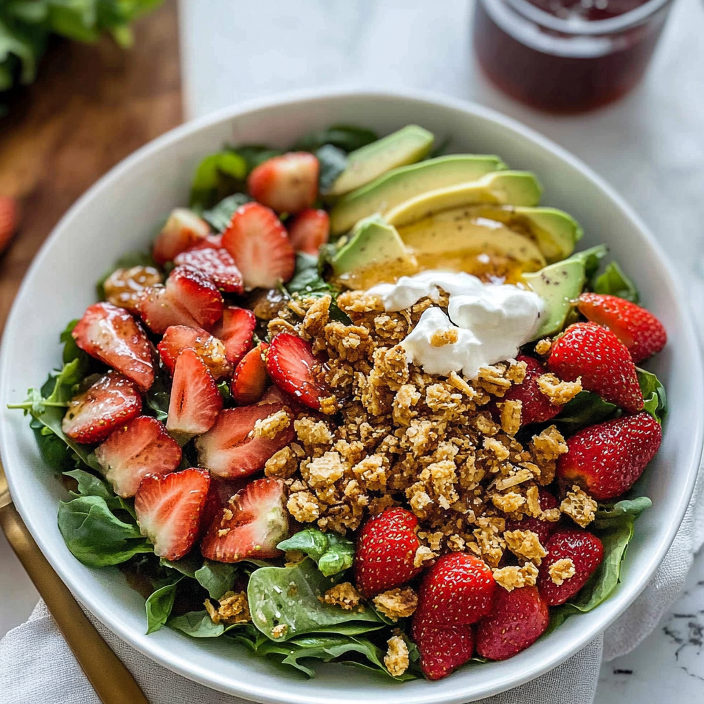 Recipe preparation for Delicious Strawberry Crunch Salad with Champagne Vinaigrette Recipe