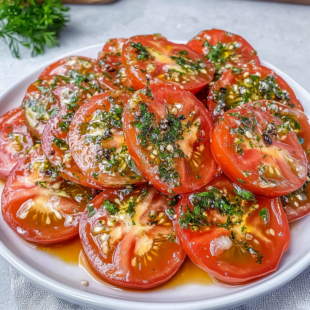 Recipe preparation for Rachel's FAVORITE Marinated Tomatoes
