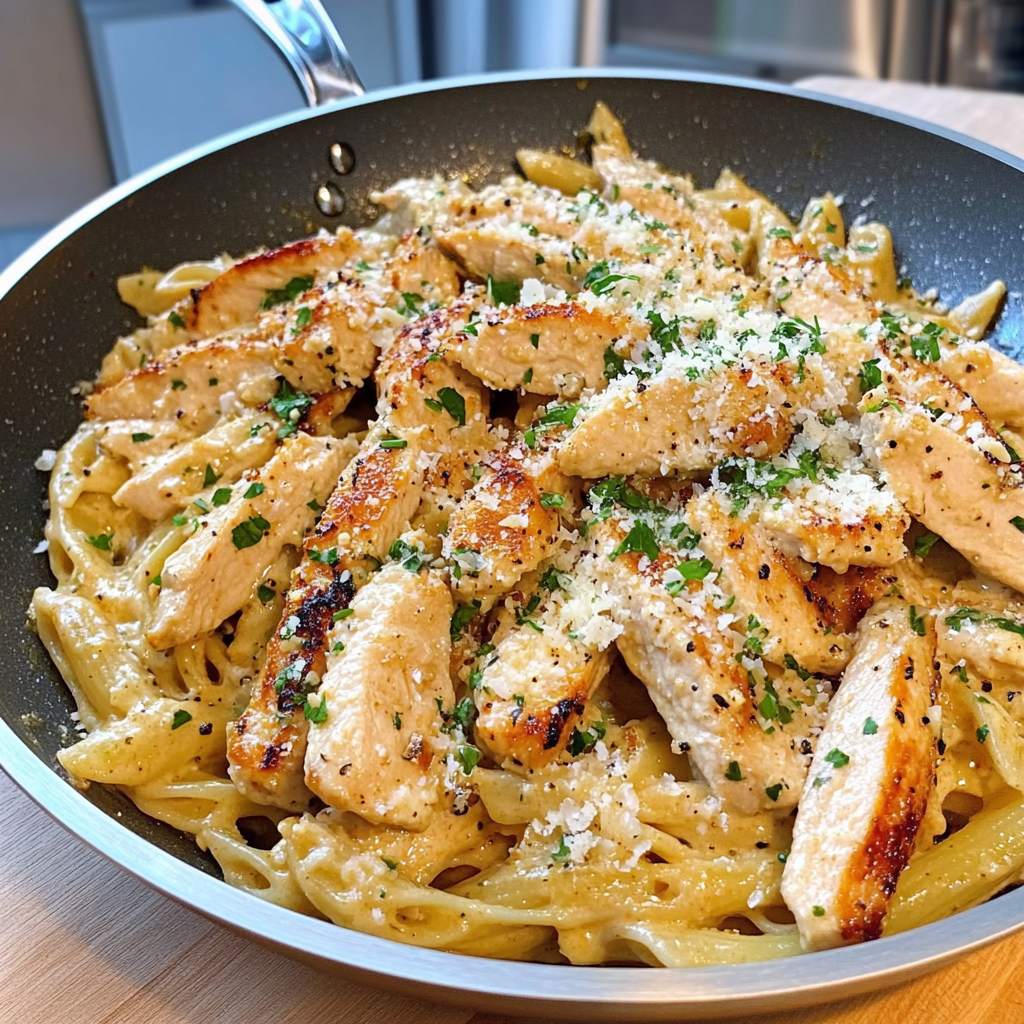 Recipe preparation for One Pan Garlic Parmesan Chicken Pasta