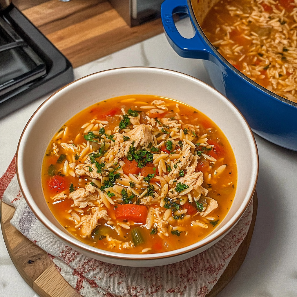 Recipe preparation for Chicken and Orzo Soup with Garlic and Paprika