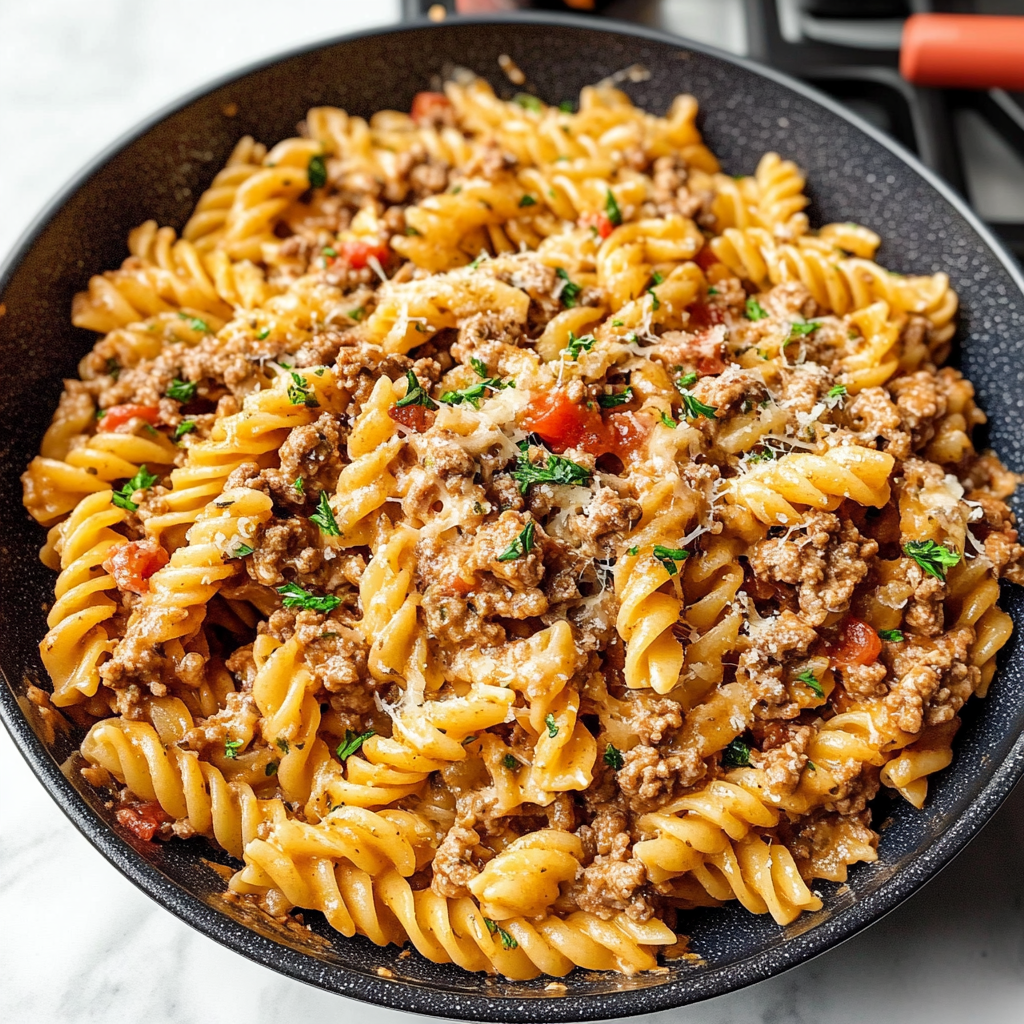 Recipe preparation for Cheesy Rotini Pasta with Garlic Butter Sauce and Ground Beef