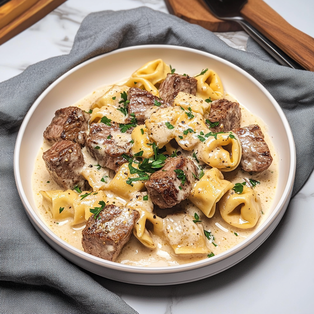 Recipe preparation for Garlic Butter Steak Bites with Creamy Parmesan Tortellini and Garlic Sauce