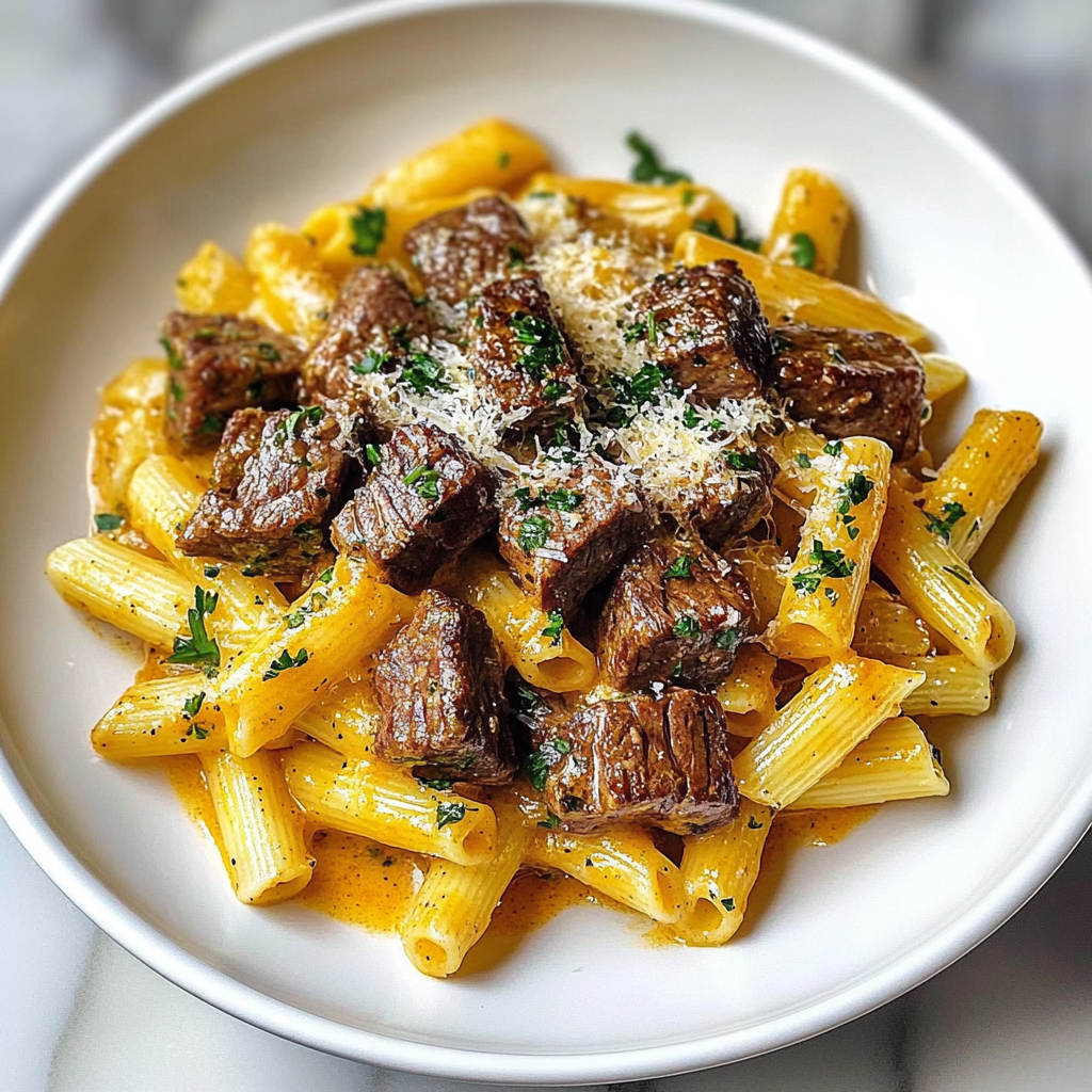Recipe preparation for Cheesy Cajun Steak Tips Penne Recipe