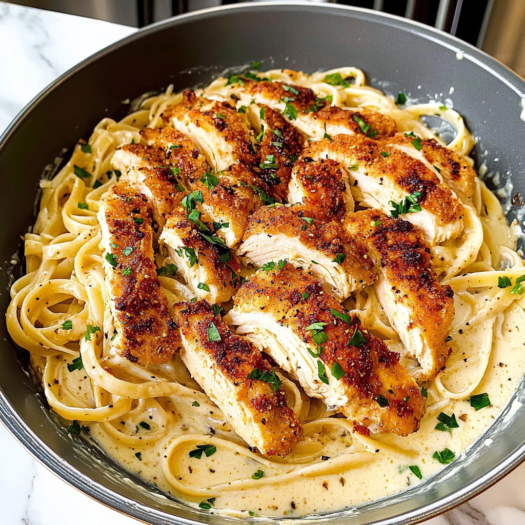 Recipe preparation for Creamy Garlic Butter Chicken & Linguine in Alfredo Sauce
