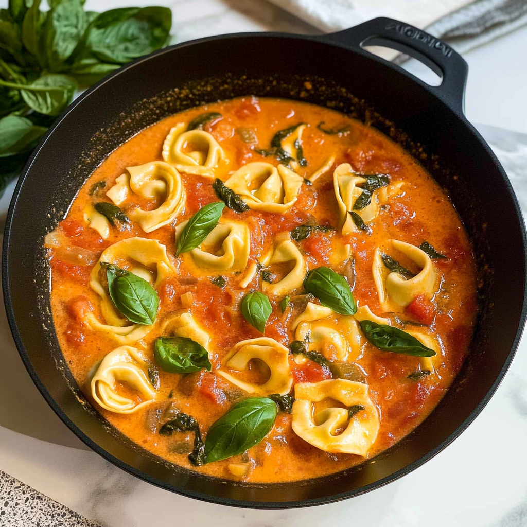 Recipe preparation for Creamy Tomato Basil Tortellini Soup