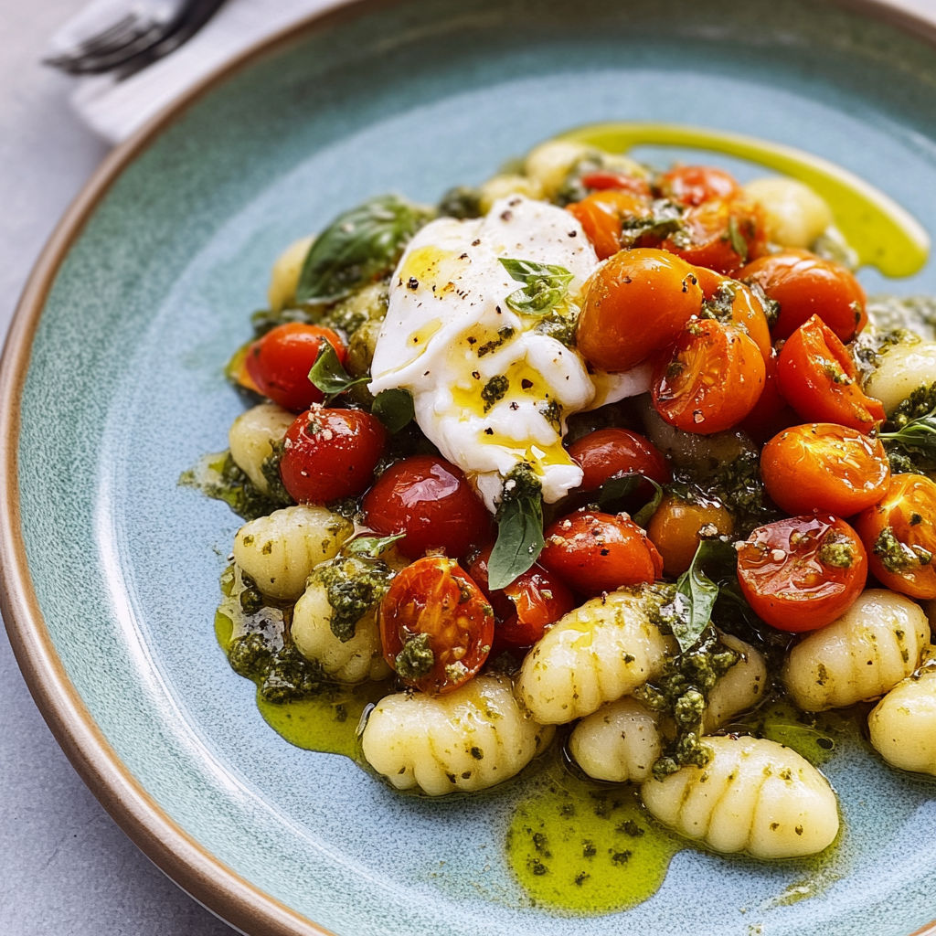 Recipe preparation for 30 minute Pesto Burrata Gnocchi with Cherry Tomatoes