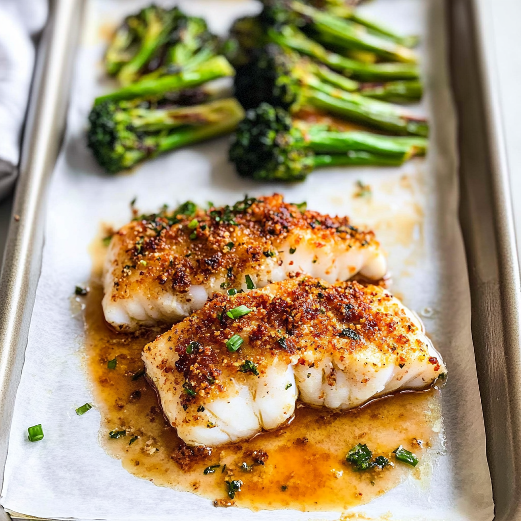 Recipe preparation for Parmesan Crusted Cod with Roasted Broccolini