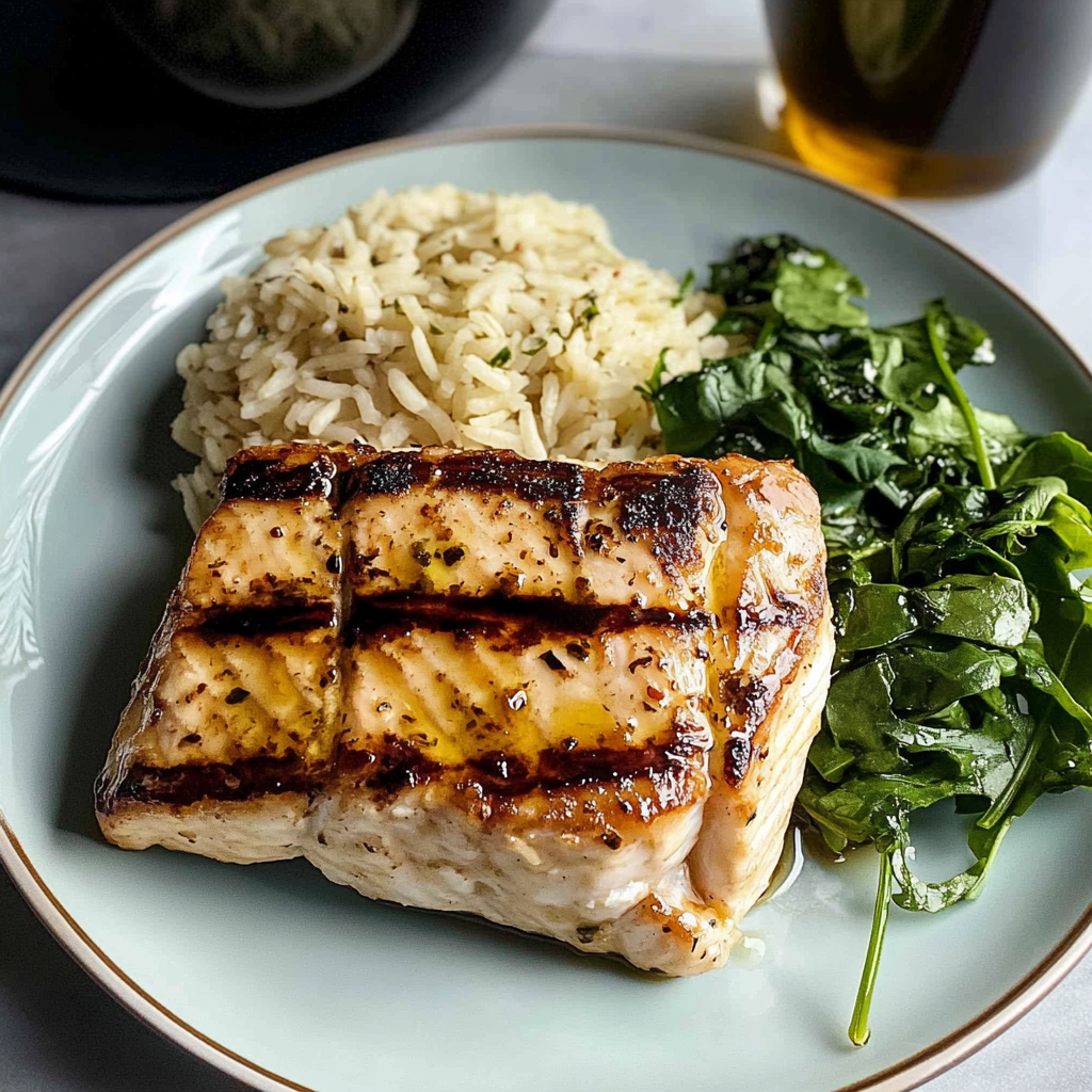 Recipe preparation for 30 minute Garlic Butter Swordfish with Herbed Rice