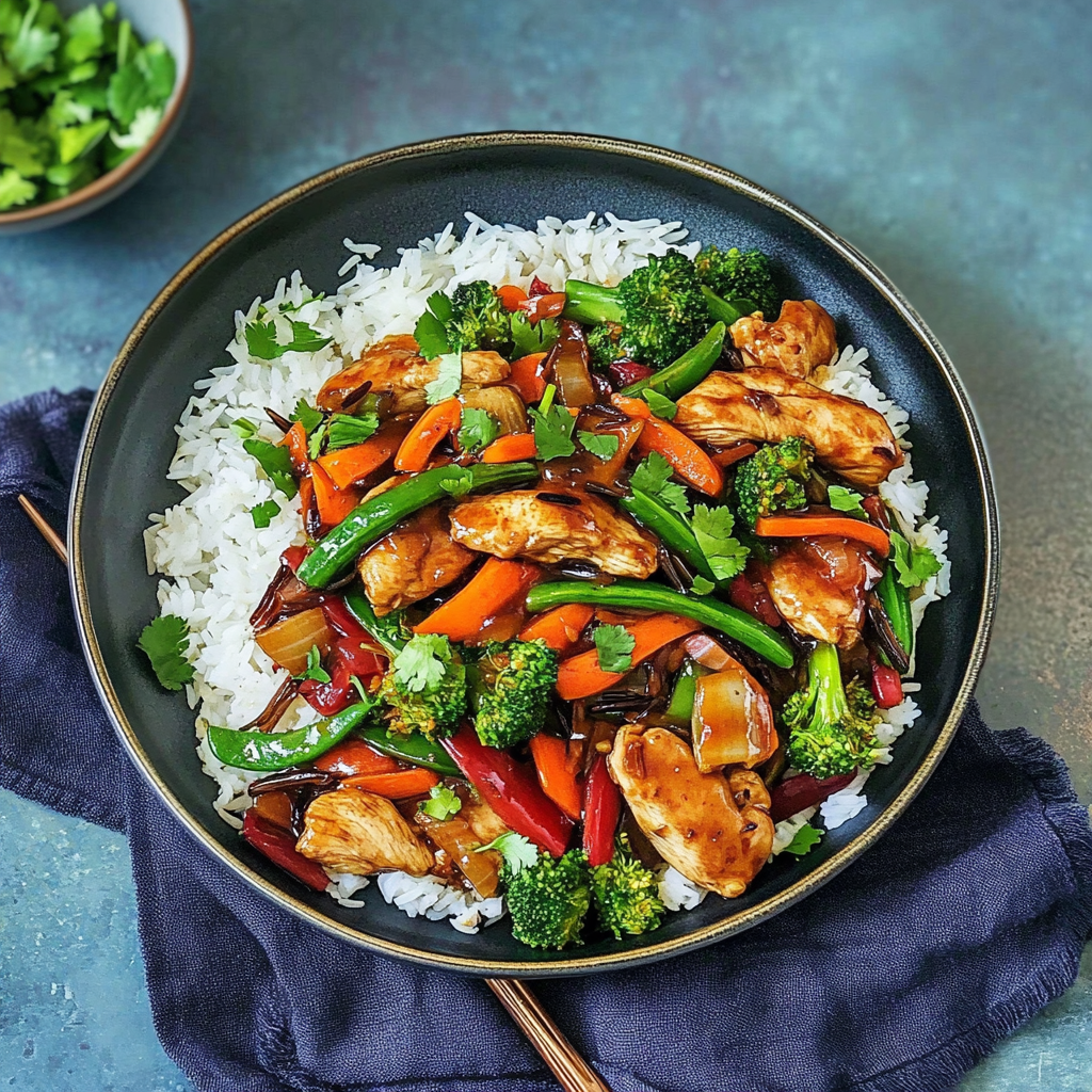 Recipe preparation for Colorful Teriyaki Chicken Stir-Fry Recipe with Rainbow Veggies & Wild Rice