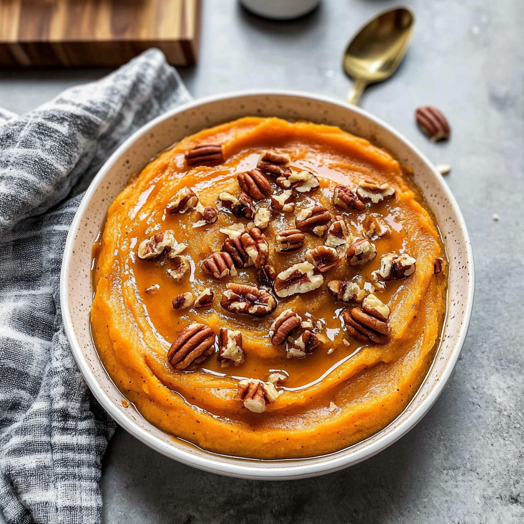 Recipe preparation for Maple Pecan Sweet Potato Mash