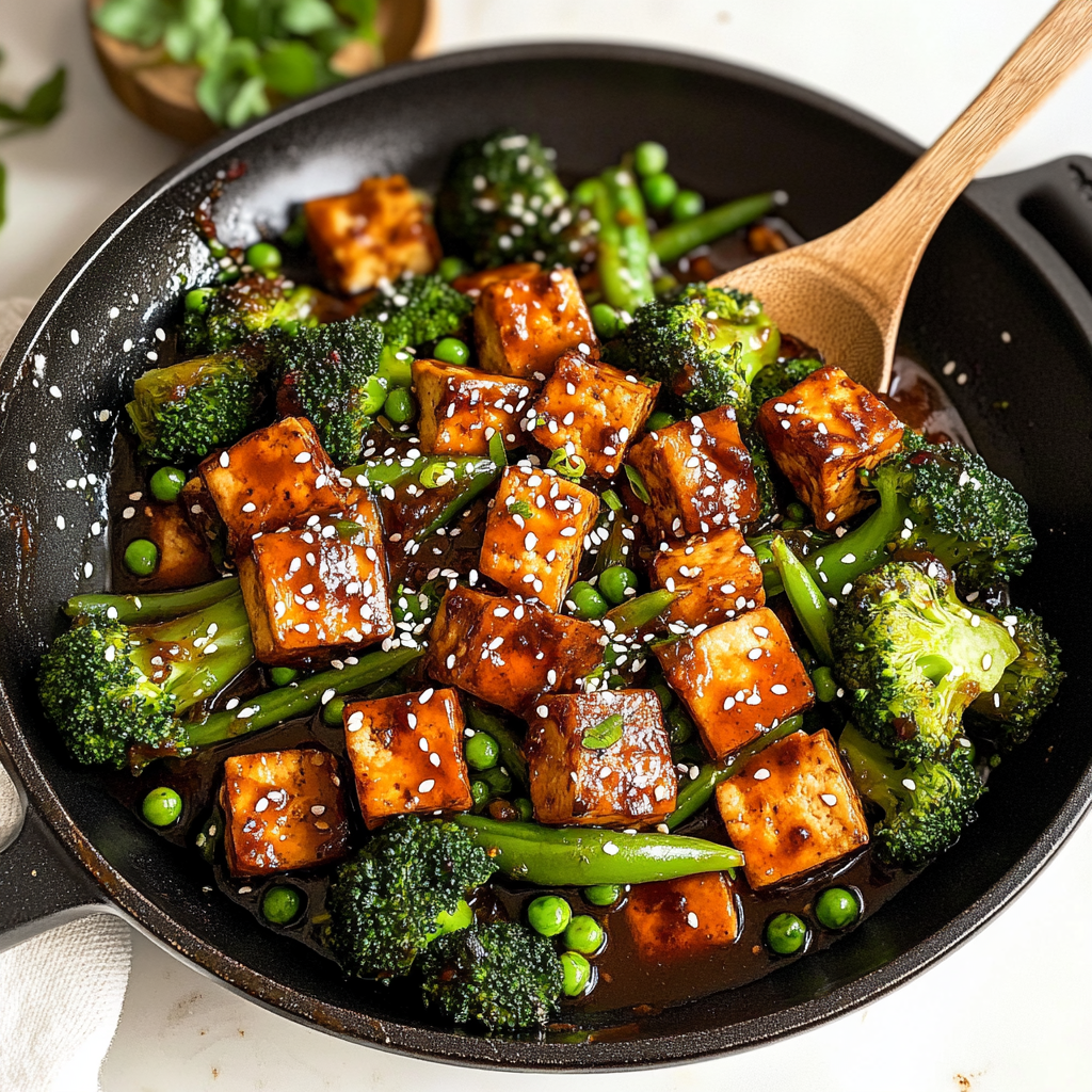 Recipe preparation for Sesame Ginger Tofu with Broccoli & Snap Peas