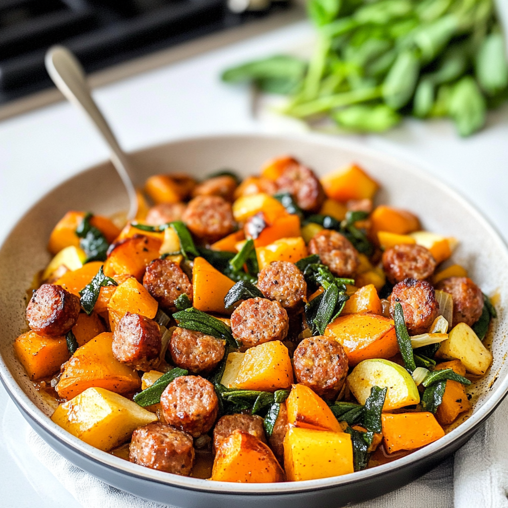 Recipe preparation for Sweet Potato Apple Sausage Bake with Sage