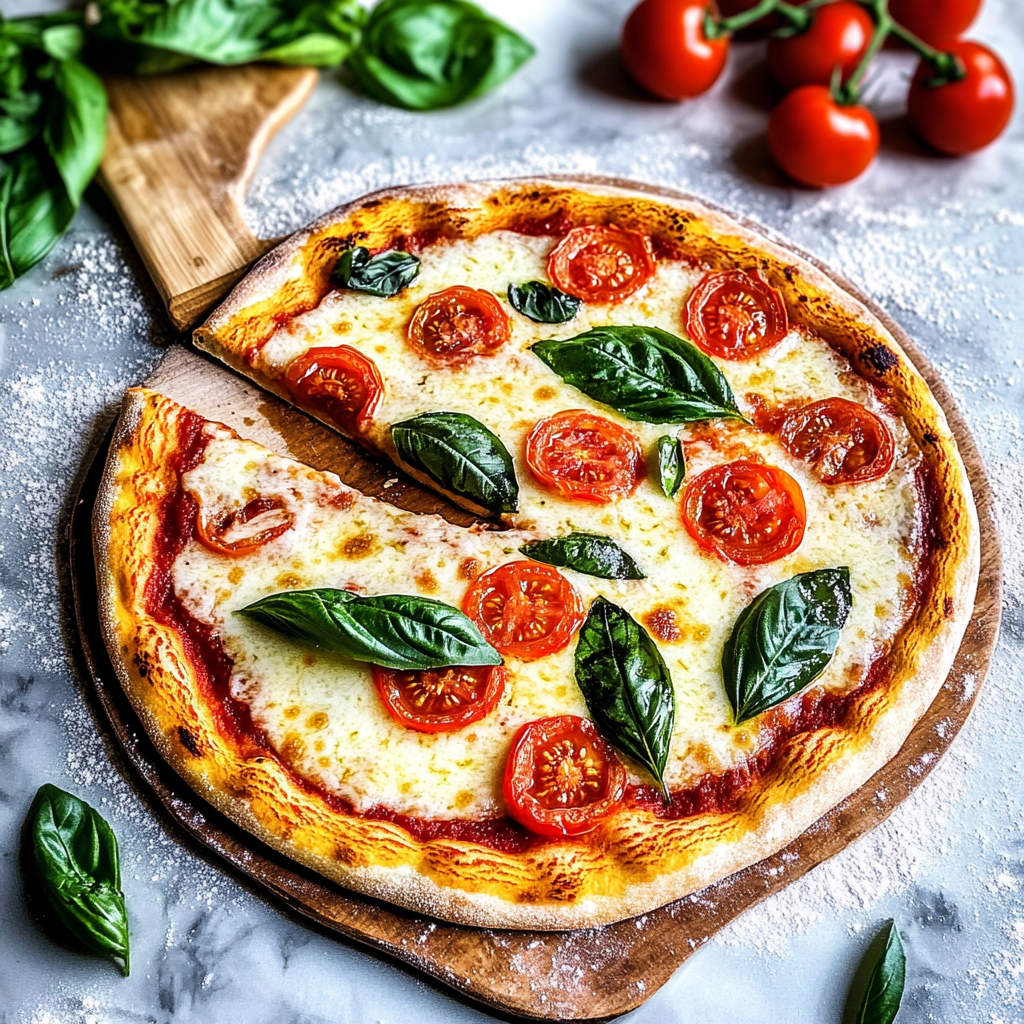 Recipe preparation for homemade margherita pizza with tomato and basil