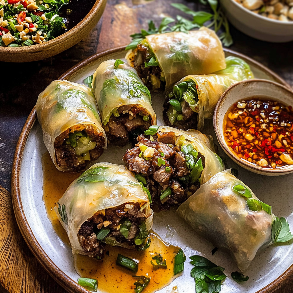 Recipe preparation for Thai Basil Beef Rolls