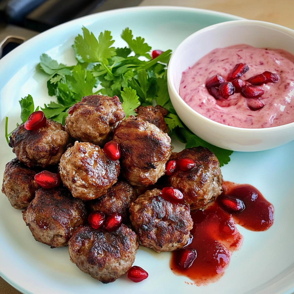 Recipe preparation for spiced lamb kofta with pomegranate sauce
