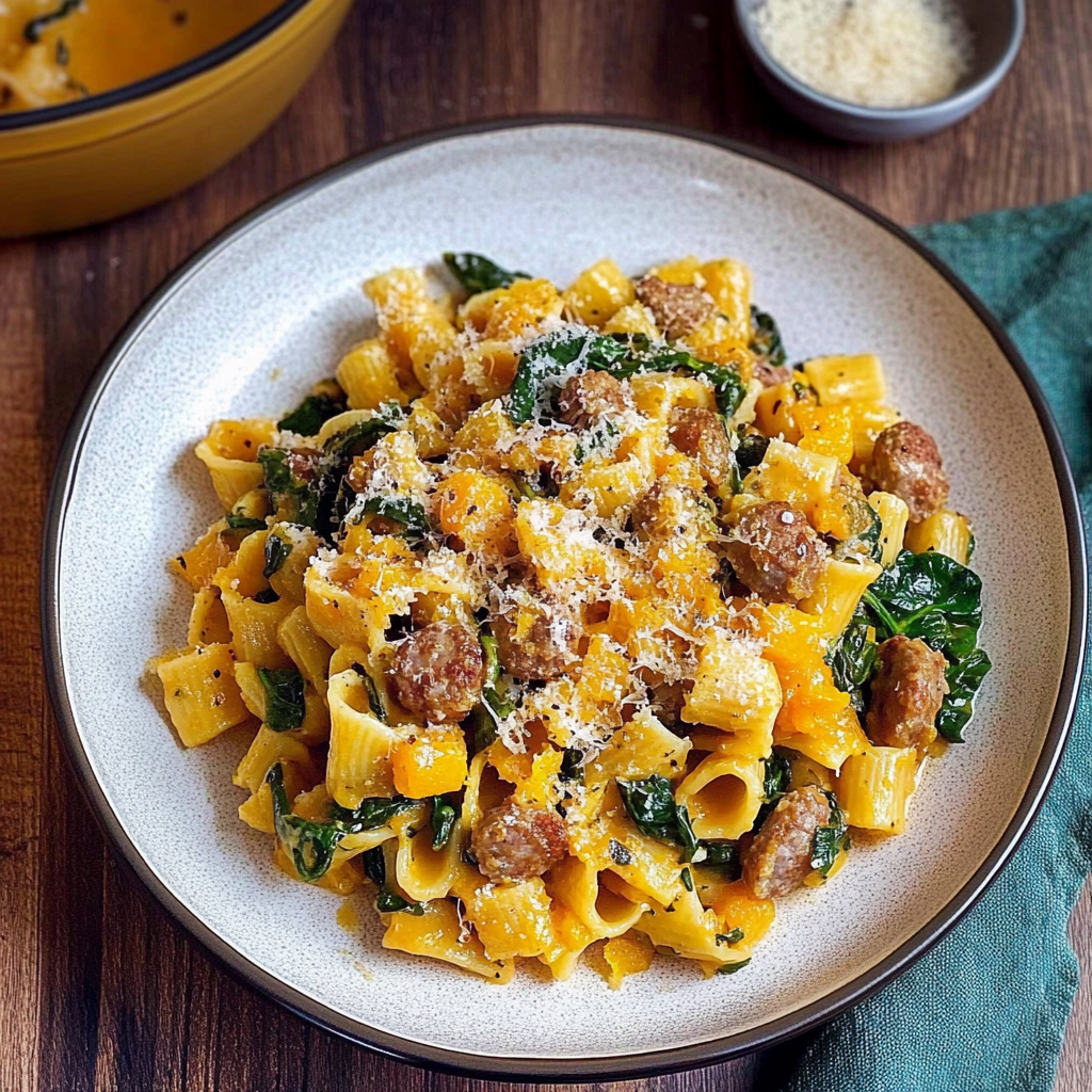 Recipe preparation for Creamy Butternut Squash Pasta with Sausage and Spinach