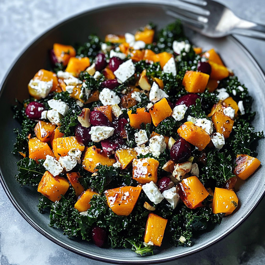 Recipe preparation for Roasted Butternut Squash and Kale Salad