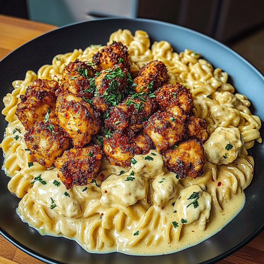 Recipe preparation for Garlic Butter Chicken Bites & Spicy Cajun Alfredo Recipe