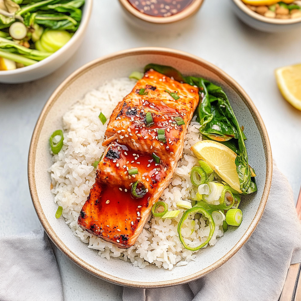 Recipe preparation for Spicy Sriracha Honey Salmon Bowl Recipe