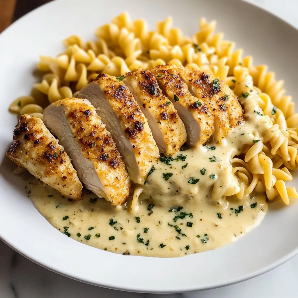 Recipe preparation for Creamy Garlic Parmesan Chicken with Cheesy Twisted Pasta