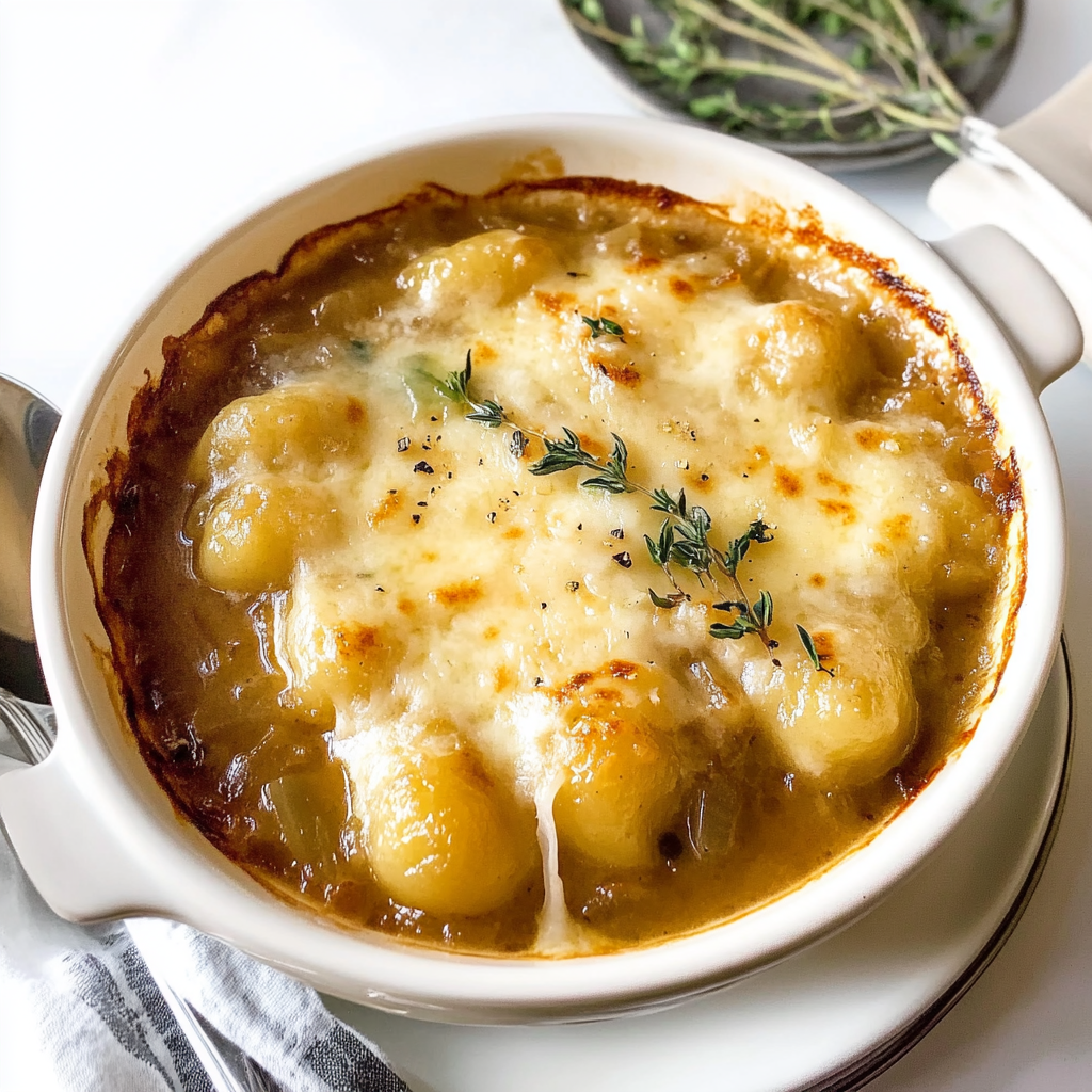 Recipe preparation for French Onion Gnocchi Soup