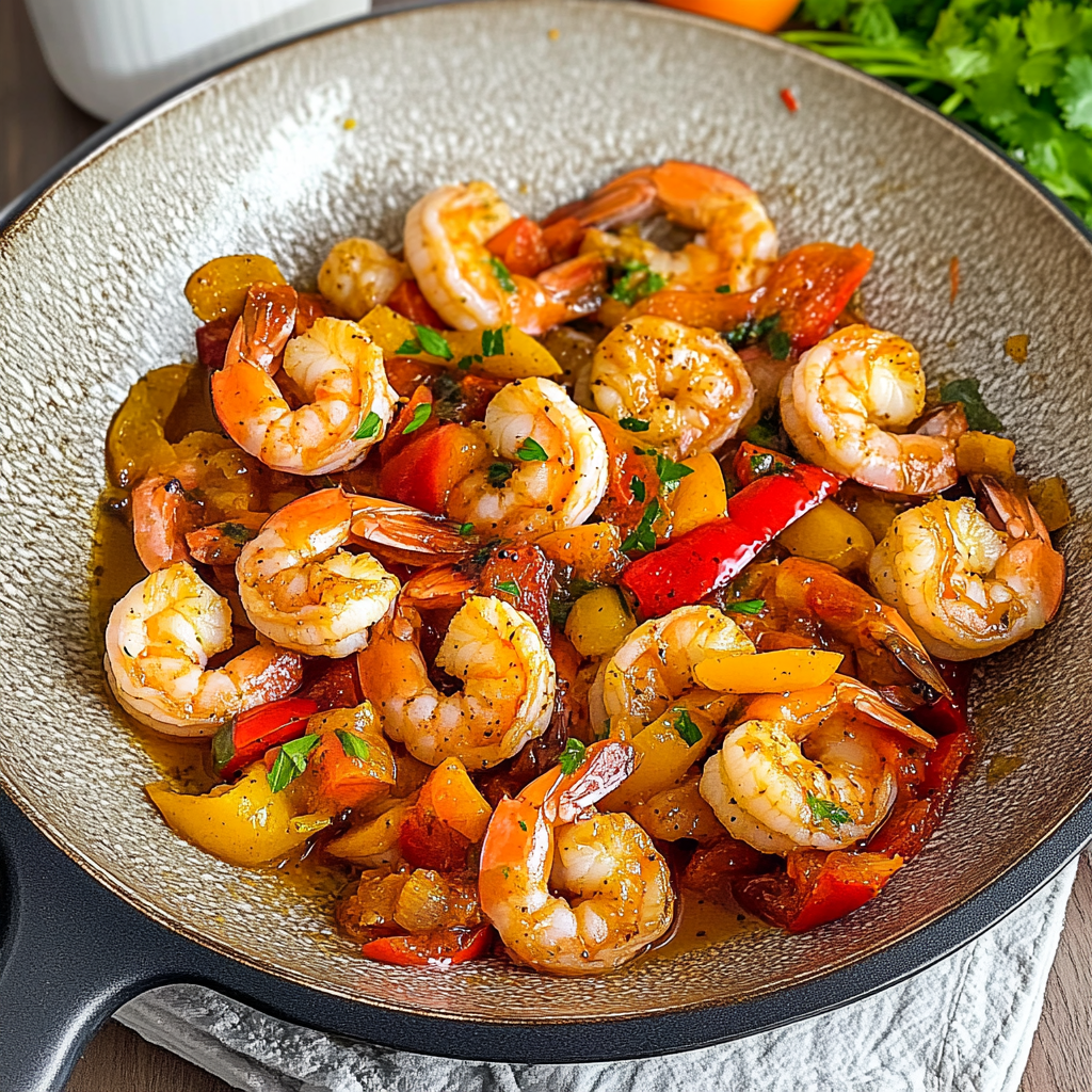 Recipe preparation for Chili Garlic Shrimp with Rainbow Peppers