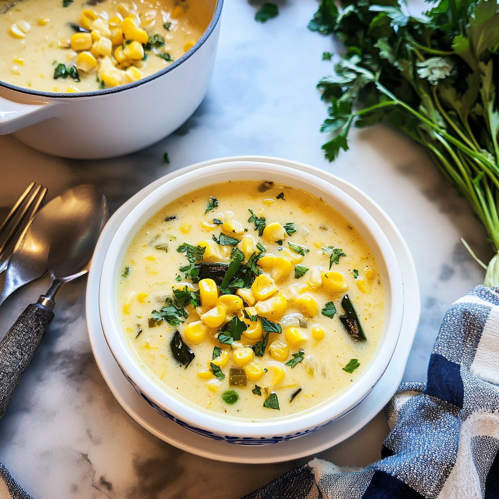 Recipe preparation for Creamy Poblano Corn Chowder