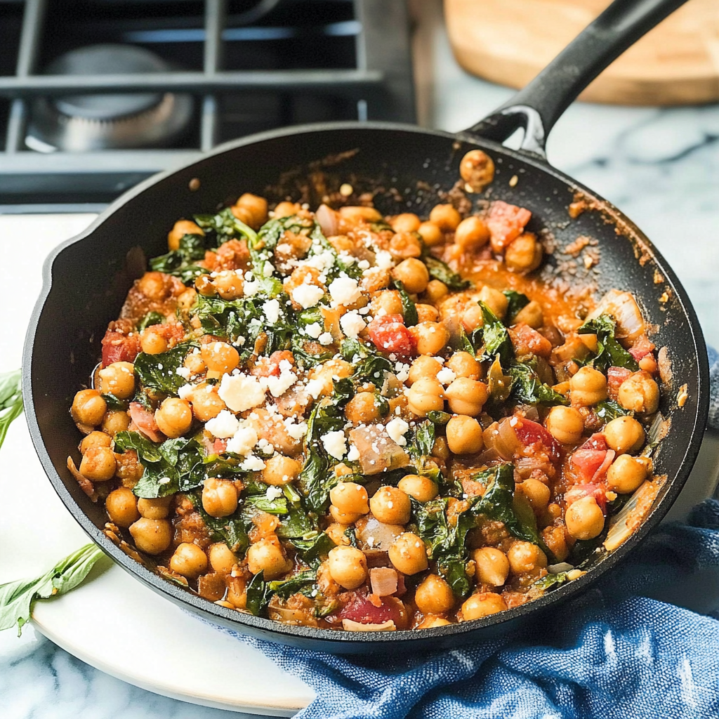 Recipe preparation for 30 minute Mediterranean Chickpea & Spinach Skillet