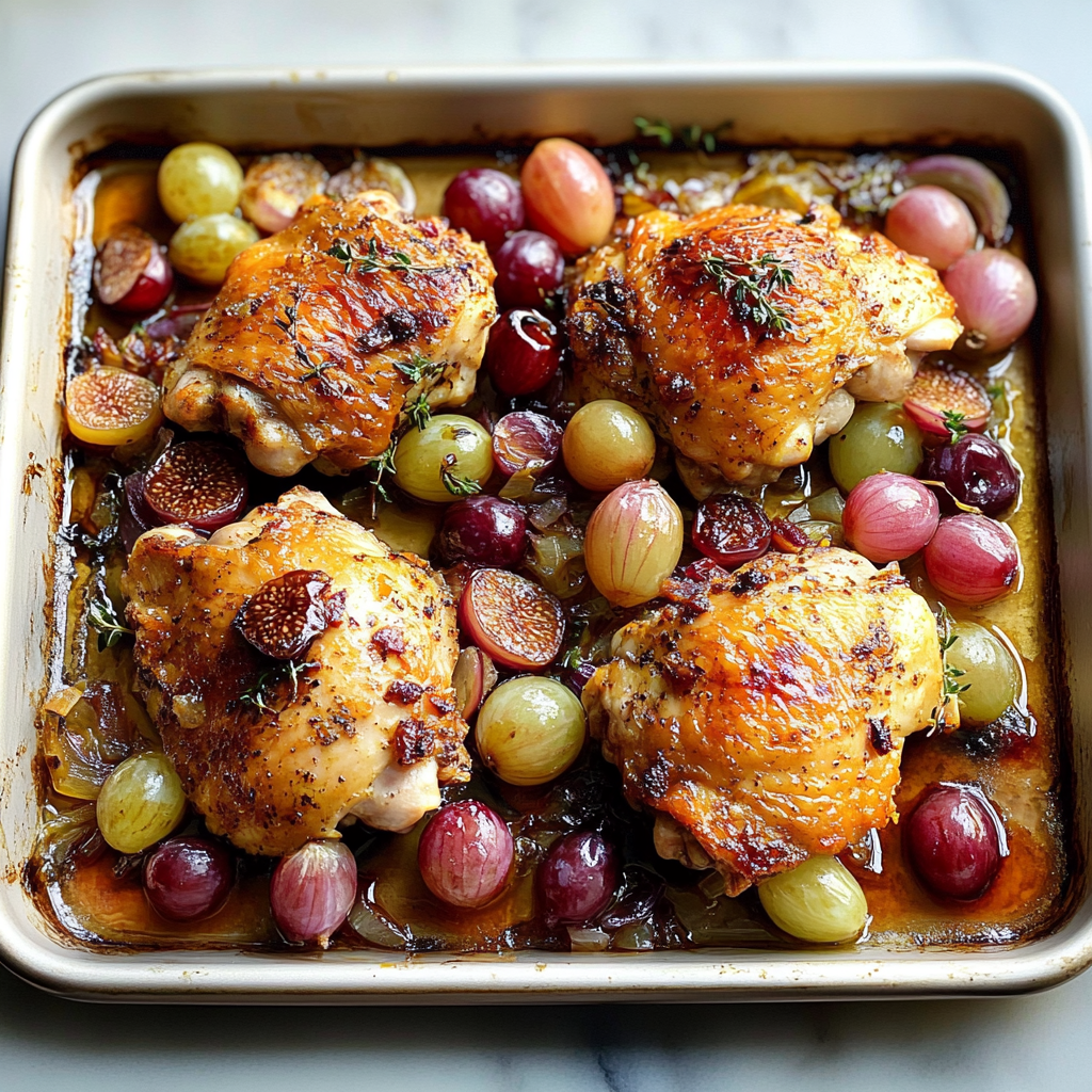 Recipe preparation for Sheet Pan Balsamic Fig Chicken with Red Onions & Grapes