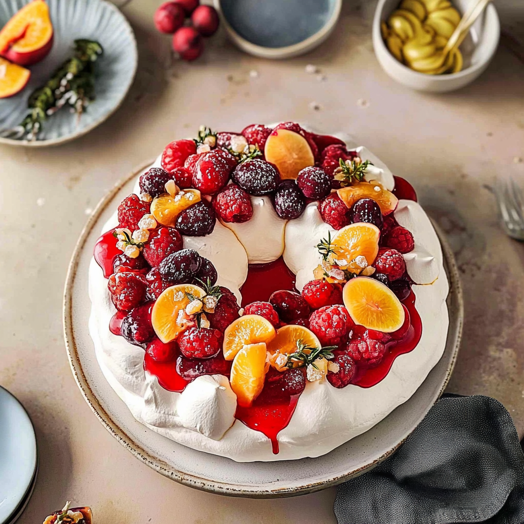 Recipe preparation for Pavlova with Winter Fruits