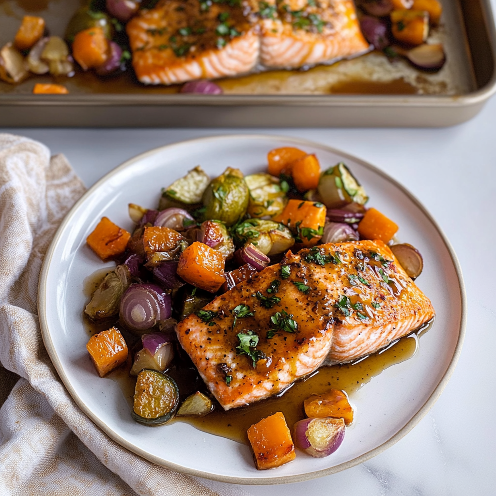 Recipe preparation for Sheet Pan Salmon with Maple Dijon Glaze