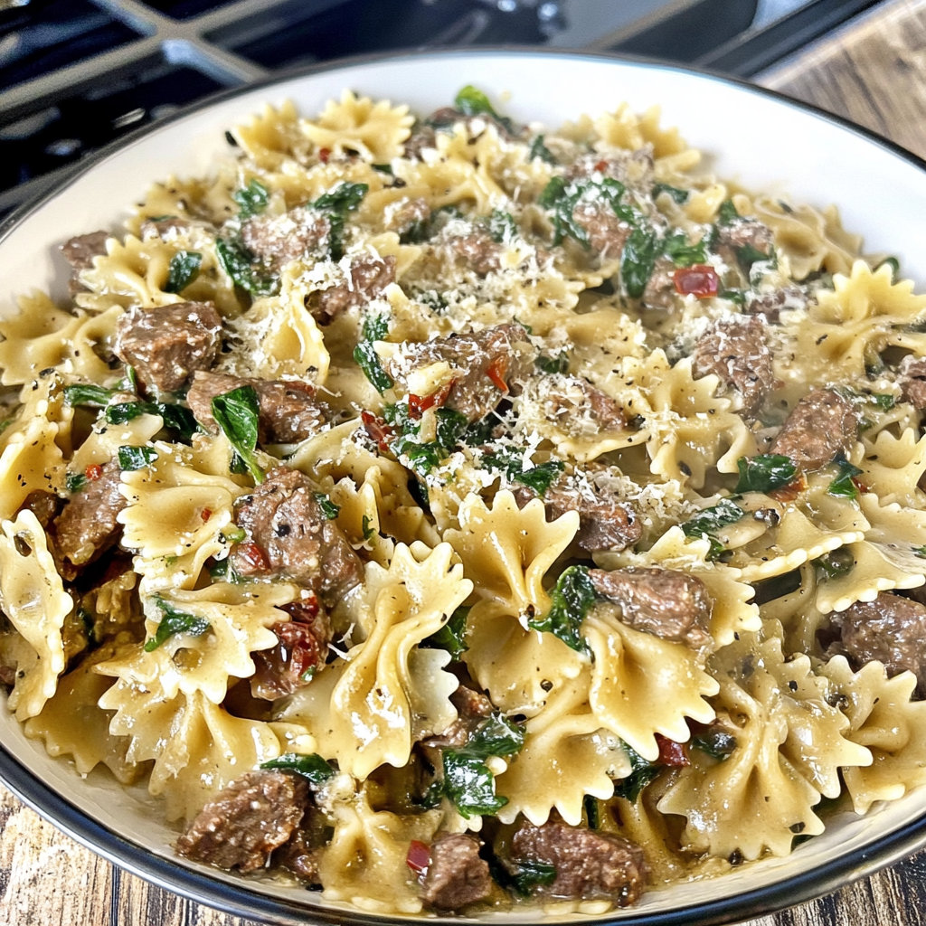 Recipe preparation for Creamy Parmesan Garlic Beef Bowtie Pasta