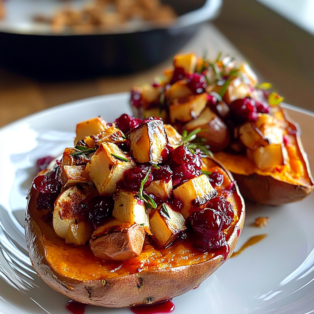 Recipe preparation for cranberry apple twice-baked sweet potatoes