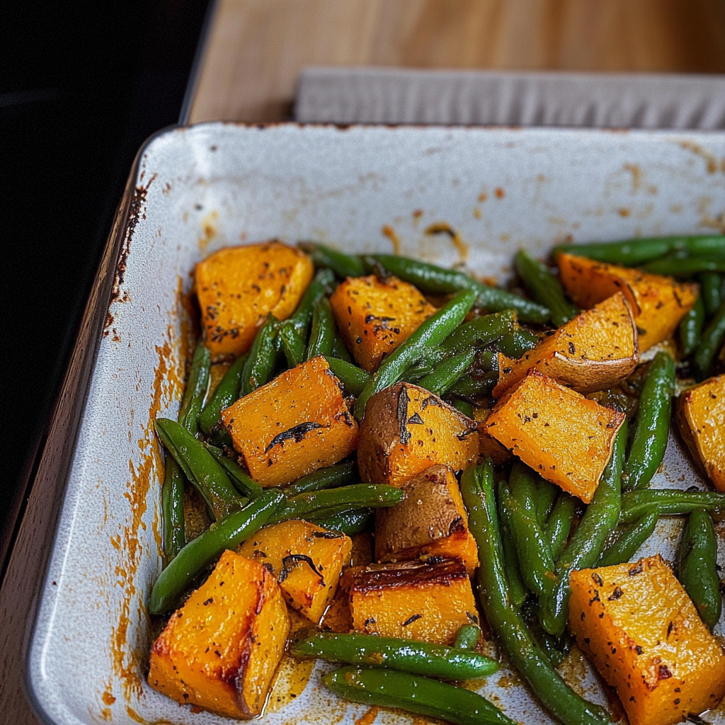 Recipe preparation for Sweet Potato & Green Bean Tray Bake