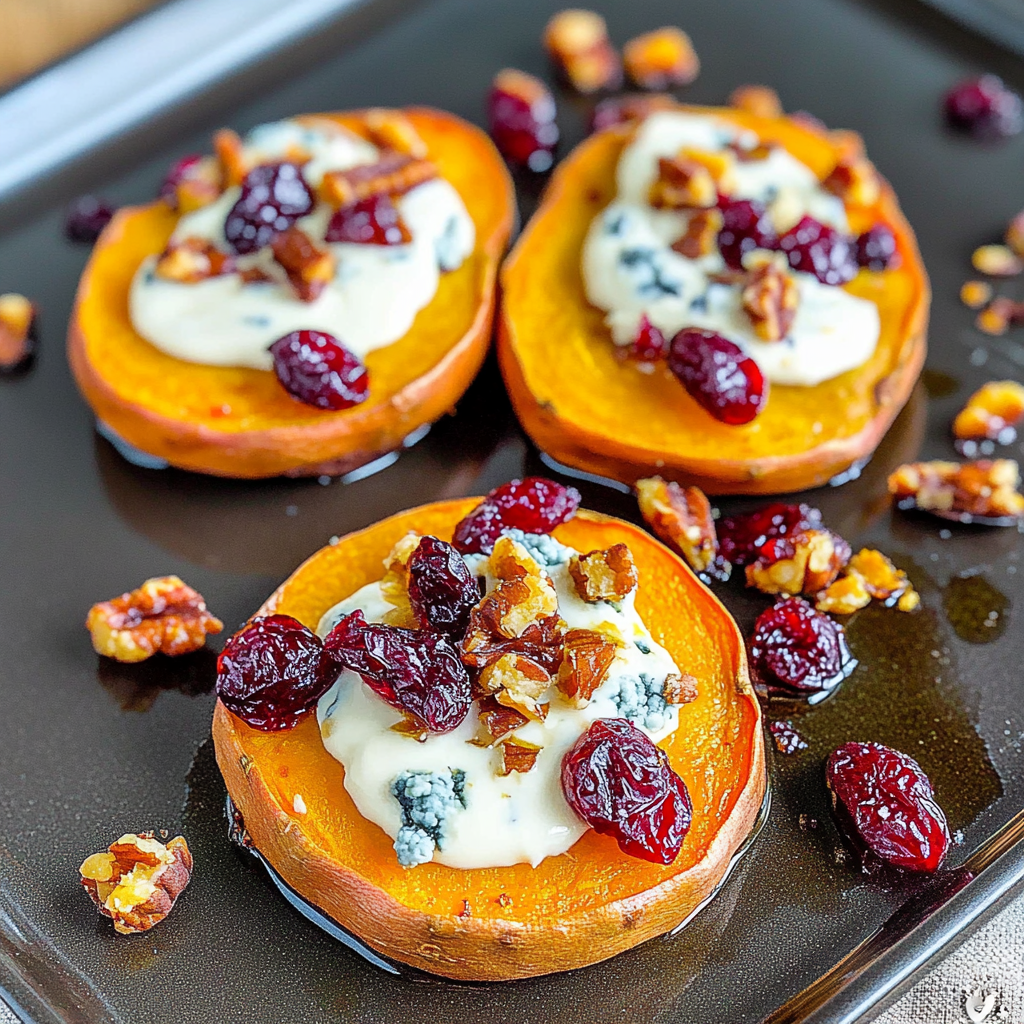 Recipe preparation for Sweet Potato Rounds with Blue Cheese & Cranberries