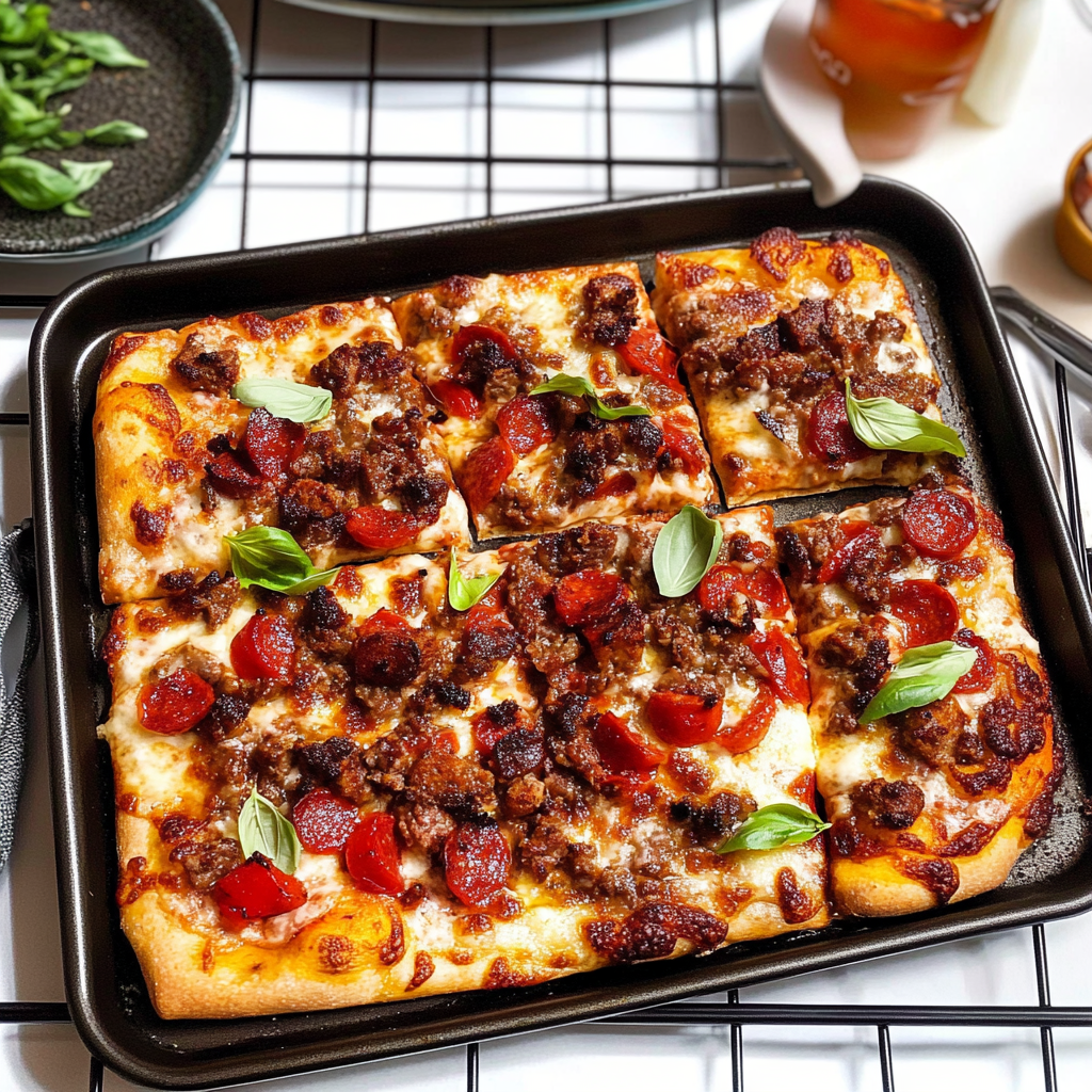 Recipe preparation for Sheet Pan Meat Lovers Pizza