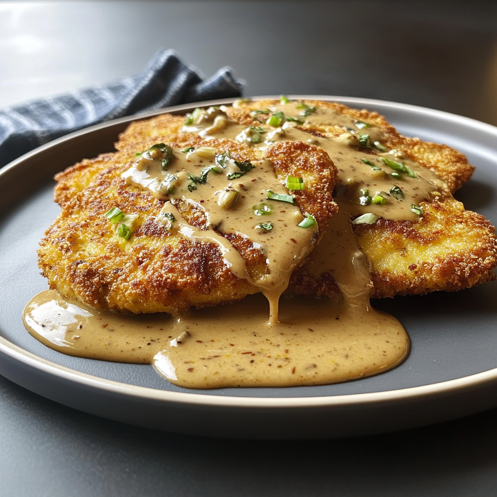 Recipe preparation for Crispy German Schnitzel with Fondue Schnitzel Sauce