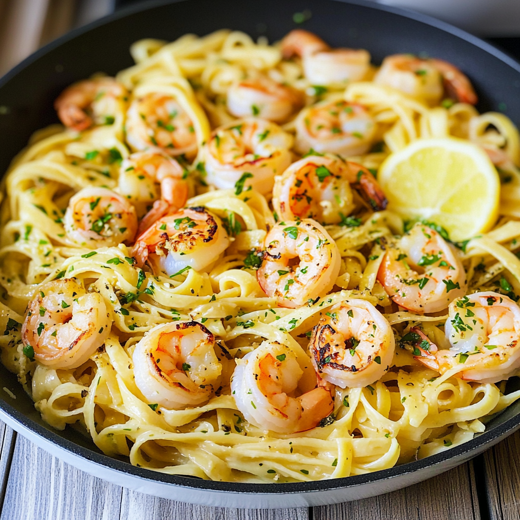 Recipe preparation for Lemon Fettuccine with Garlic Shrimp