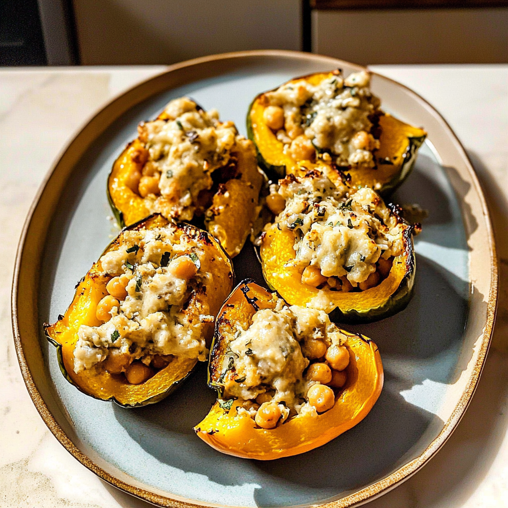 Recipe preparation for Roasted Carnival Squash with Savory Chickpea Filling