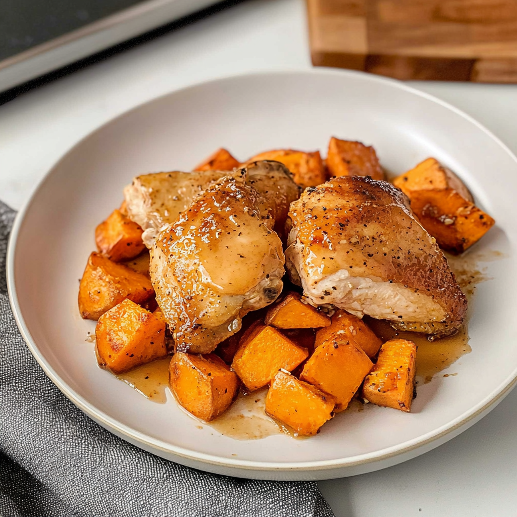 Recipe preparation for Sheet Pan Chicken and Sweet Potatoes