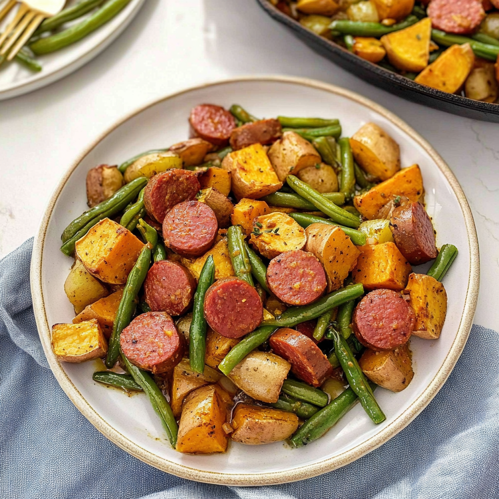 Recipe preparation for Sheet Pan Kielbasa with Sweet Potatoes and Green Beans
