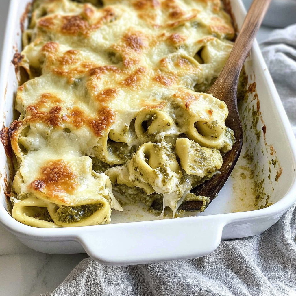 Recipe preparation for Creamy Pesto Tortellini Bake With Mozzarella