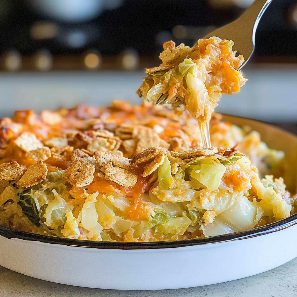 Recipe preparation for Cheesy Cabbage Casserole with Cracker Topping
