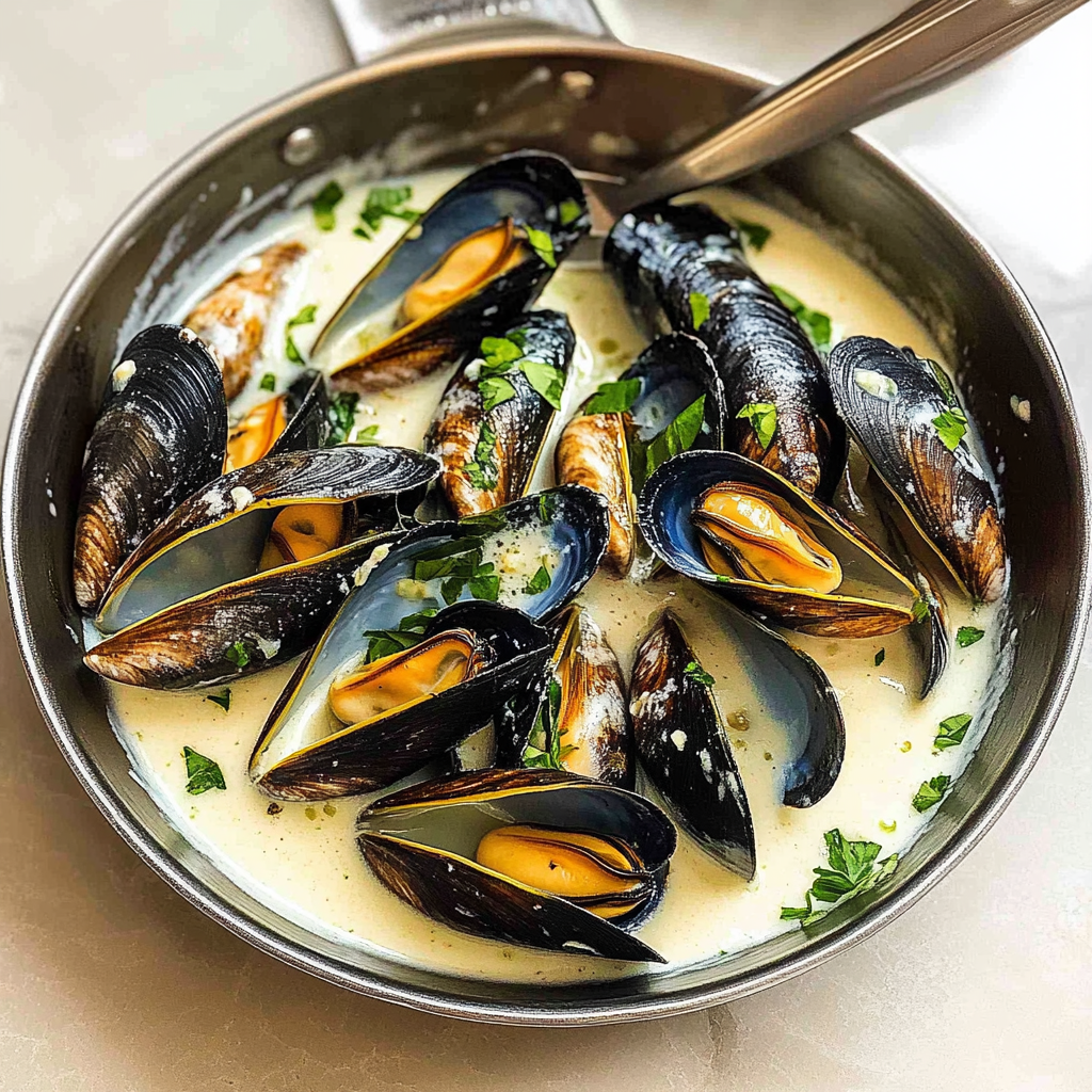 Recipe preparation for Mussels in Garlic Lemon Cream Sauce