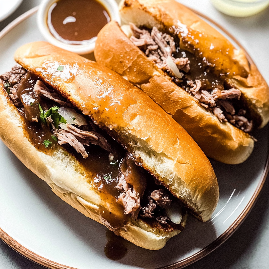 Recipe preparation for Hearty Slow Cooker French Dip Sandwiches
