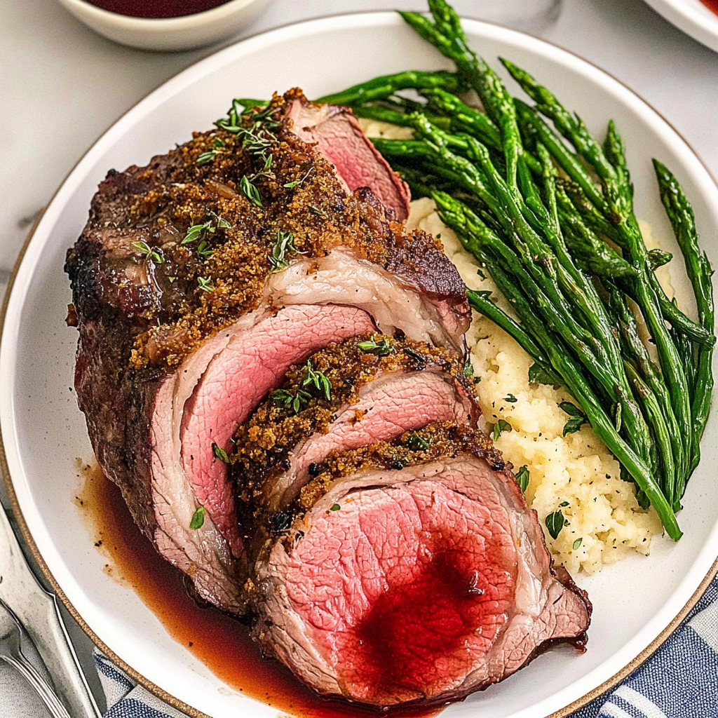Recipe preparation for Herb-Crusted Prime Rib with Red Wine Reduction (Christmas Dinner Main)
