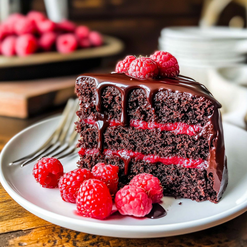 Recipe preparation for Rich Dark Chocolate Raspberry Ganache Cake